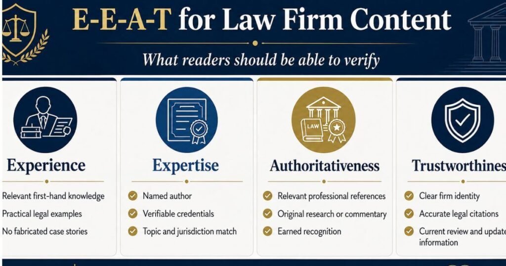 E-E-A-T for law firm content: the 4 areas readers need to verify