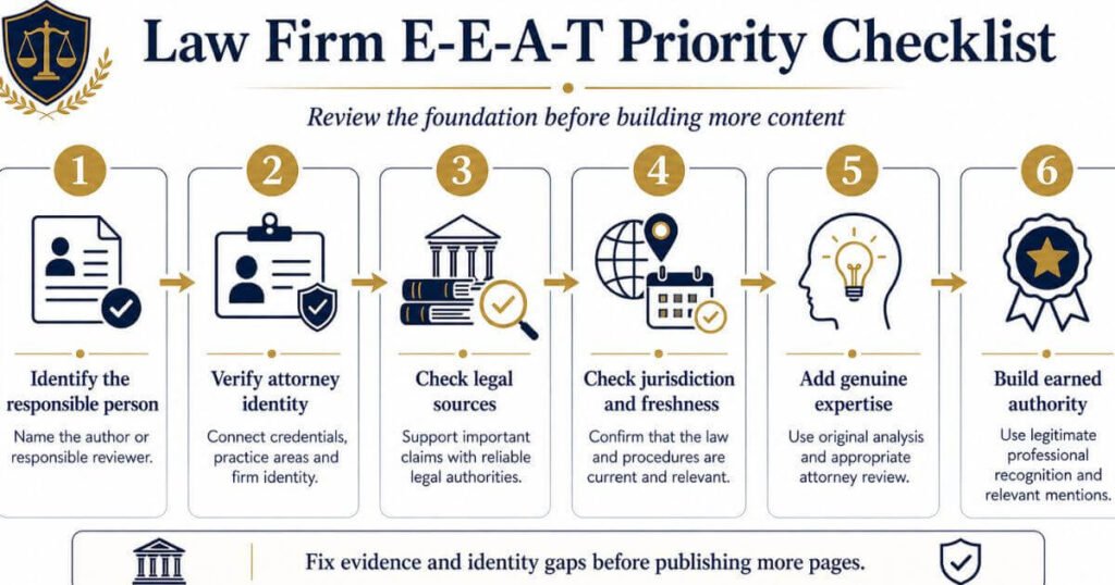 Law firm E-E-A-T priority checklist 